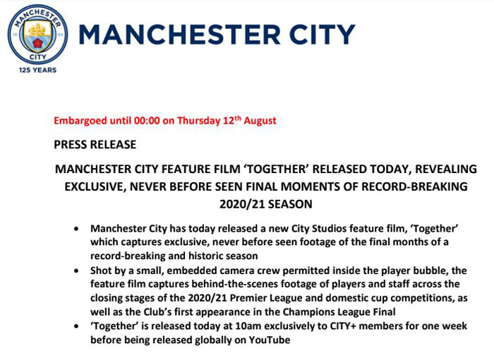 MANCHESTER CITY FEATURE FILM ‘TOGETHER’ RELEASED TODAY, REVEALING EXCLUSIVE, NEVER BEFORE SEEN FINAL MOMENTS OF RECORD-BREAKING 2020/21 SEASON